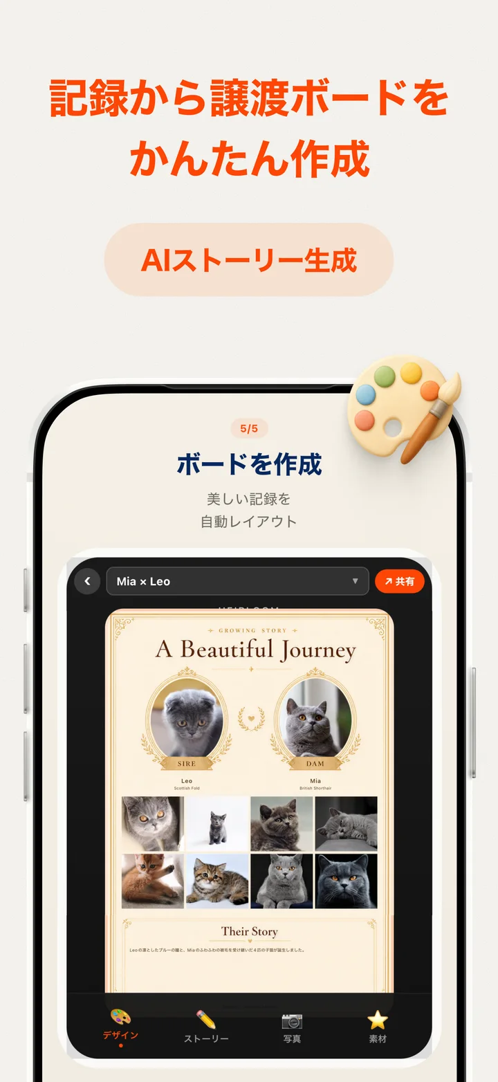 譲渡ボードを作成する画面。ゴールドのテンプレートに親子の写真がレイアウトされている。
