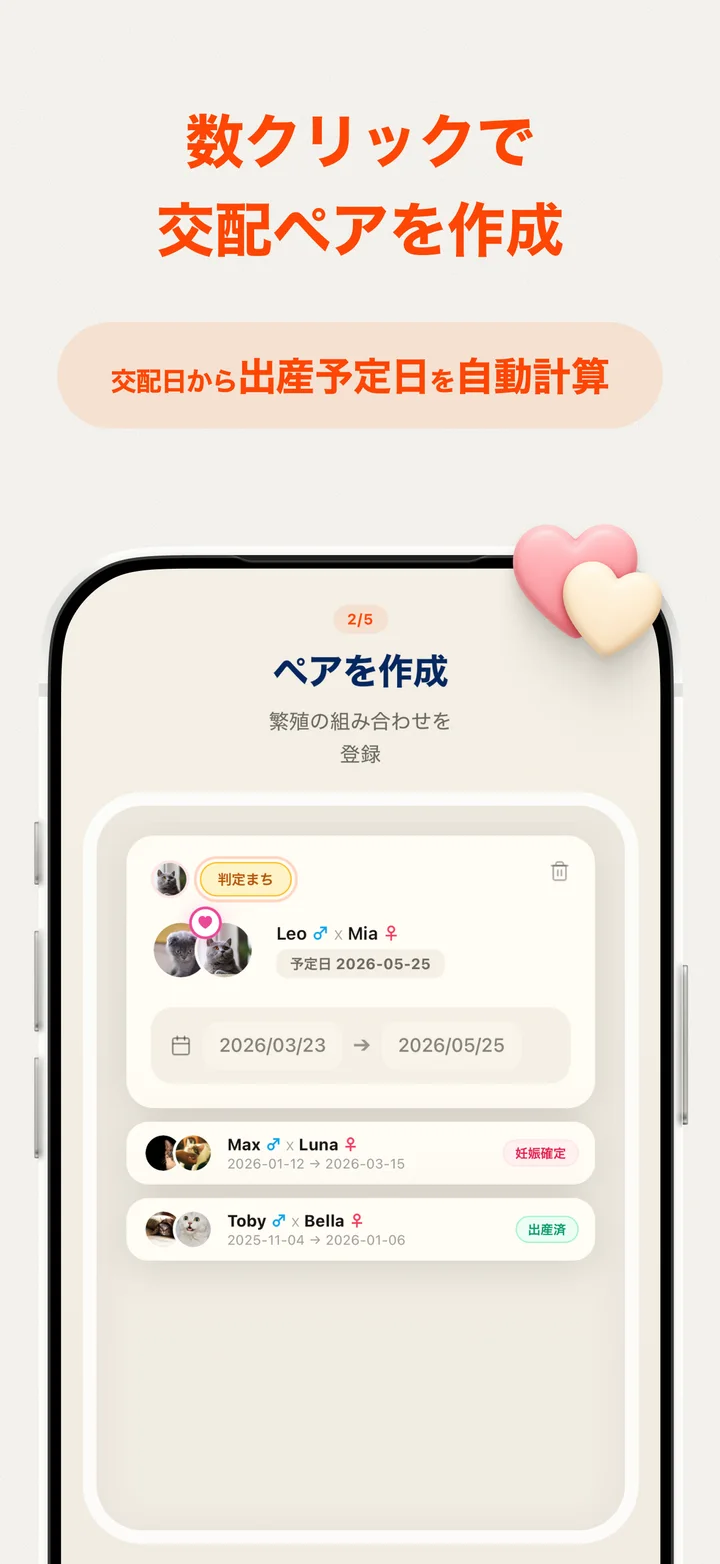 交配ペアを作成する画面。父母の組み合わせと出産予定日、妊娠ステータスが並ぶ。